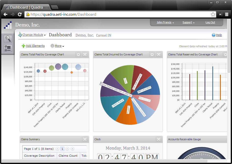 Claims dashboard elements in Quadra